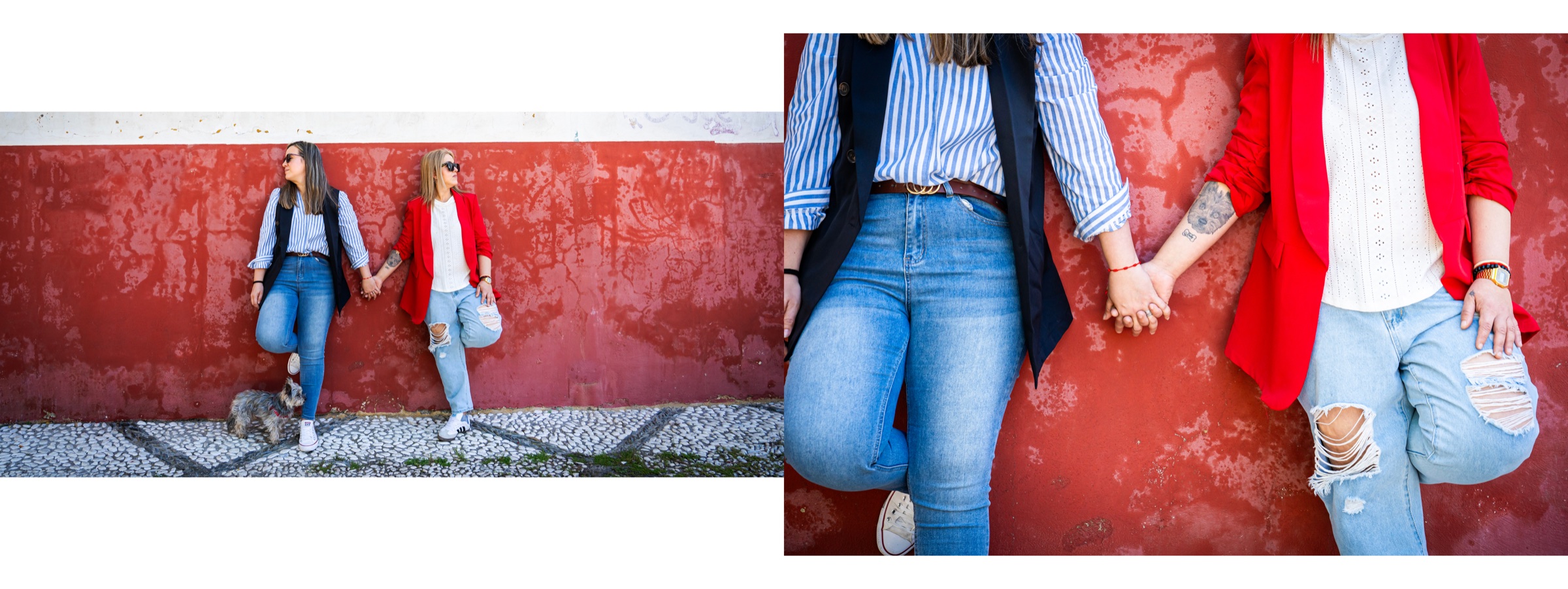 Inma y Feli, caminando cogidos de la mano junto a una pared en Granada